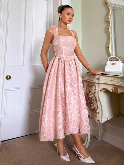 Glamine Charm فستان وسط نسائي من القماش الساتان المطبوع بطراز الأميرة الريفي، تنورة شبكية بالخصر، دعم لرقبة الحلقة