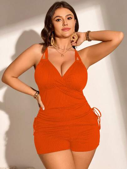 Swim Lushoire بلايز سباحة فضفاضة للنساء تصميم الرقبة على شكل حرف V ومشدودة بخيط مغزول من نسيج مضلع