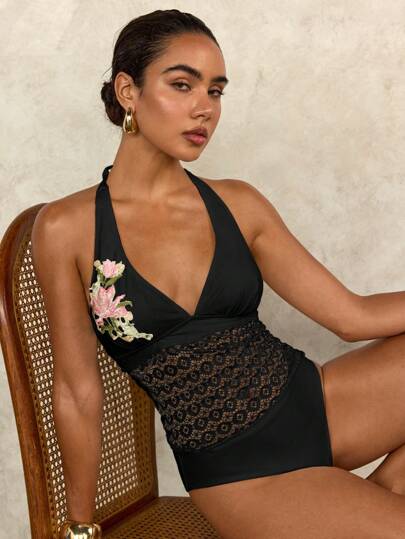 طقم تانكيني حريمي Swim Chiccia ملابس علوية ألبسة داخلية رائعة مطرزة بالزهور للسيدات باللون البيج، الأسود، الزهري، قطعة علوية بتصميم شبكي مفرغ للربيع ،الصيف ،الاستخدام اليومي، الشاطئ، العطلات