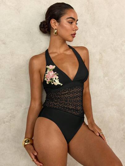 طقم تانكيني حريمي Swim Chiccia ملابس علوية ألبسة داخلية رائعة مطرزة بالزهور للسيدات باللون البيج، الأسود، الزهري، قطعة علوية بتصميم شبكي مفرغ للربيع ،الصيف ،الاستخدام اليومي، الشاطئ، العطلات