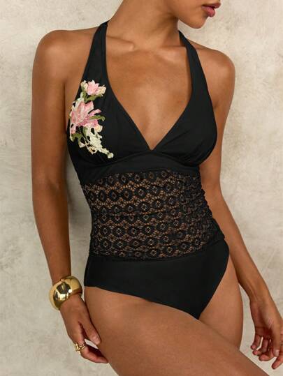 طقم تانكيني حريمي Swim Chiccia ملابس علوية ألبسة داخلية رائعة مطرزة بالزهور للسيدات باللون البيج، الأسود، الزهري، قطعة علوية بتصميم شبكي مفرغ للربيع ،الصيف ،الاستخدام اليومي، الشاطئ، العطلات