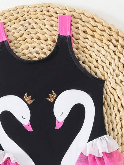 SHEIN بذلة سباحة طبعة حيوان بيبي جيرل بخامة الشبكة والخصر