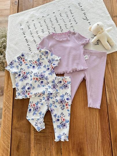 SHEIN طقم بيجامات لأطفال الرضع البنات 4 قطع/مجموعة، مصنوعة من نمط زهري بتصميم رقبة دائرية وأكمام قصيرة، قطن ناعم ومريح للبشرة