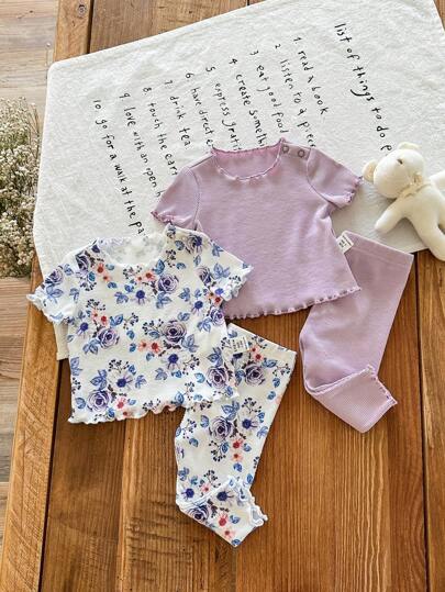 SHEIN طقم بيجامات لأطفال الرضع البنات 4 قطع/مجموعة، مصنوعة من نمط زهري بتصميم رقبة دائرية وأكمام قصيرة، قطن ناعم ومريح للبشرة