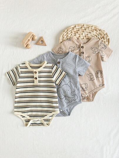 SHEIN مجموعة 3 قطع من الرومبير الملائم للطفل الرضيع الصبي بتصميم فيل برمادي وشريطي وبرتقالي، متقنزع من الأمام، تصميم إبداعي وبسيط مناسب للمنزل والخارج، قطني ناعم ومريح، للحجم 0-3 أشهر، مجموعة ملابس ربيعية / صيفية