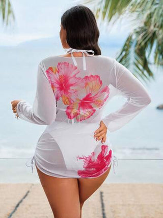 SHEIN Swim Curve ملابس السباحة نسائية من قطعتين منقوشة بألوان صلبة مع فستان قصير مناسبة للمقاسات الكبيرة ، ذات تصميم عنق حلقة تعلق على الرقبة وقطعة علوية ذات ربطة جنبية مثيرة