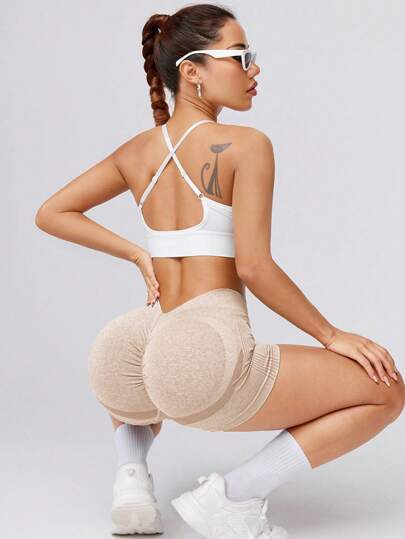 Seamluxe  Sport سروال قصير نسائي مناسب للتمارين الرياضية وركوب الدراجات مع خصر مطوي وشد للخصر، مرن مناسب للياقة البدنية والتمارين الرياضية