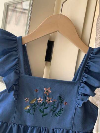 فستان أطفال Blossori فستان أنيق مطرز بطبعة زهور فرنسية زرقاء، للفتيات الصغيرات، للربيع/الصيف