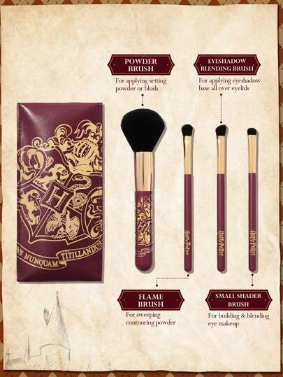 HARRY POTTER X SHEIN 5 قطع طقم فرشاة مكياج بنقش هوجوارتس، تتضمن فرشاة البودرة, فرشاة الخلط, فرشاة العين الكبيرة, فرشاة العين الصغيرة, وحقيبة لتخزين الفرشاة