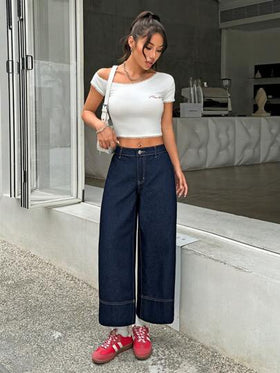 SHEIN PETITE بنطال جينز نسائي ذو خصر منخفض وساق مستقيمة بطول 7/8 ، أزرق