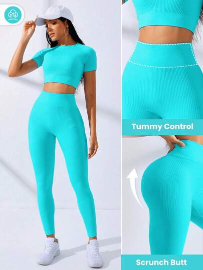 SHEIN Core Rhythm طقم رياضي نسائي من توب مقصر وسروال ضيق بلون واحد، ملابس رياضية نسائية متناسقة للتمارين والتدريبات