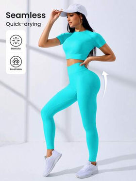 SHEIN Core Rhythm طقم رياضي نسائي من توب مقصر وسروال ضيق بلون واحد، ملابس رياضية نسائية متناسقة للتمارين والتدريبات