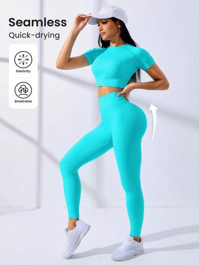 SHEIN Core Rhythm طقم رياضي نسائي من توب مقصر وسروال ضيق بلون واحد، ملابس رياضية نسائية متناسقة للتمارين والتدريبات