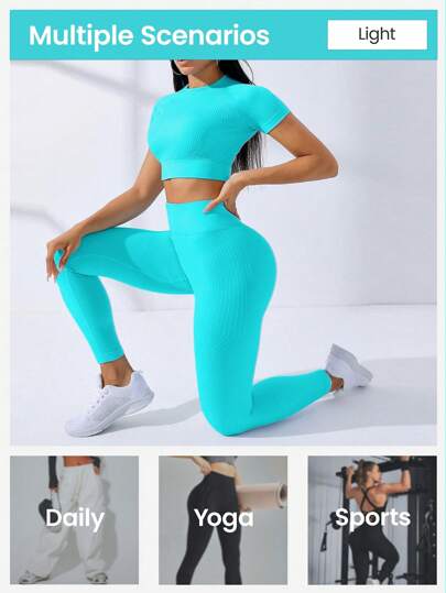 SHEIN Core Rhythm طقم رياضي نسائي من توب مقصر وسروال ضيق بلون واحد، ملابس رياضية نسائية متناسقة للتمارين والتدريبات