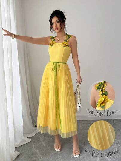 Rafferiza فستان أناقة أنيق مزين بالتطريز الزهري بنمط A-Line بحمالات نحيفة، باللون الأصفر، مناسب للربيع والصيف