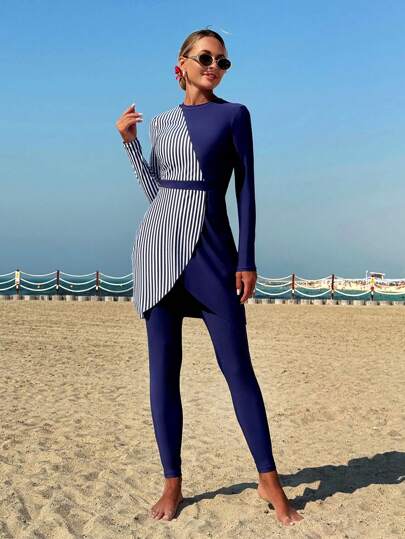 طقم تانكيني حريمي Swim Mulvari فستان وبنطال مجموعة كاجوال في الصيف نسائي، رقبة دائرية، أكمام طويلة، خصر ضيق، لبد مخطط أحادي اللون، أزرق وأبيض ، قميص نسائي وبكيني مناسب للاستجمام
