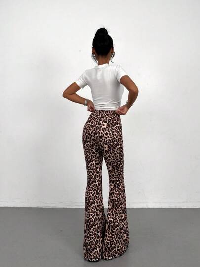 PETITE بنطلون أنيق للنساء ذو خصر مطاطي وأرجل متسعة مطبوع بنمط النمر