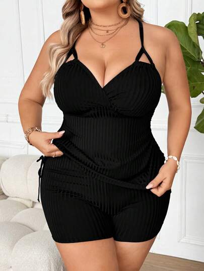 SHEIN CURVE+ بدلة سباحة من قطعتين للنساء ذات حمالات خفيفة وياقة على شكل حرف V مع حبل جانبي قابل للسحب، لون أسود، مقاس كبير الحجم