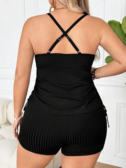 SHEIN CURVE+ بدلة سباحة من قطعتين للنساء ذات حمالات خفيفة وياقة على شكل حرف V مع حبل جانبي قابل للسحب، لون أسود، مقاس كبير الحجم