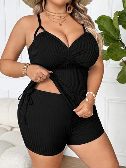 SHEIN CURVE+ بدلة سباحة من قطعتين للنساء ذات حمالات خفيفة وياقة على شكل حرف V مع حبل جانبي قابل للسحب، لون أسود، مقاس كبير الحجم