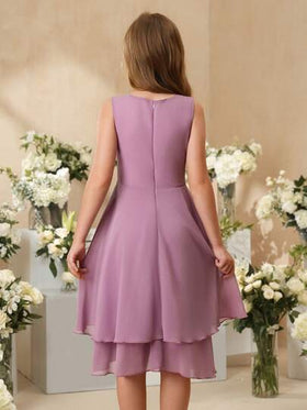 SHEIN فستان بناتي أنيق أرجواني بلا أكمام طول متوسط، مناسب للحفلات والمناسبات الرسمية والعطلات، فستان فتاة الزهور، أداء عيد الميلاد والمزيد