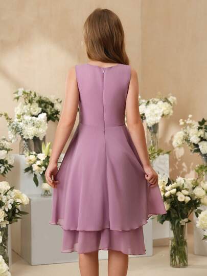 SHEIN فستان بناتي أنيق أرجواني بلا أكمام طول متوسط، مناسب للحفلات والمناسبات الرسمية والعطلات، فستان فتاة الزهور، أداء عيد الميلاد والمزيد