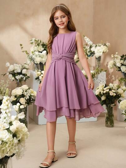 SHEIN فستان بناتي أنيق أرجواني بلا أكمام طول متوسط، مناسب للحفلات والمناسبات الرسمية والعطلات، فستان فتاة الزهور، أداء عيد الميلاد والمزيد