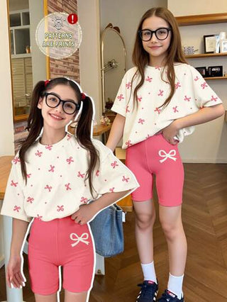 girls-sets 2 قطعة / مجموعة بطبعة فيونكة لطيفة ، بنك, مجموعة بلوزة كاجوال قصيرة الأكمام بسيطة والشورت المناسبة لفتيات المراهقات للصيف