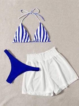 Swim Mod مجموعة مكونة من 3 قطع، ملابس علوية مخطط بأزرق وأبيض ، أسفل أزرق وقصيرة أبيض للتغطية، ملابس شاطئية كاجوال لفصل الربيع/الصيف ، للحفلات والشاطئ