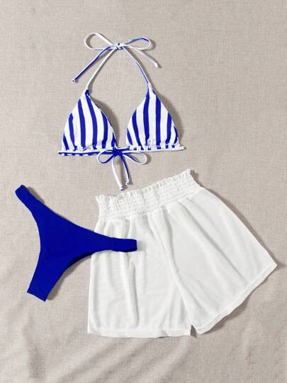 Swim Mod مجموعة مكونة من 3 قطع، ملابس علوية مخطط بأزرق وأبيض ، أسفل أزرق وقصيرة أبيض للتغطية، ملابس شاطئية كاجوال لفصل الربيع/الصيف ، للحفلات والشاطئ