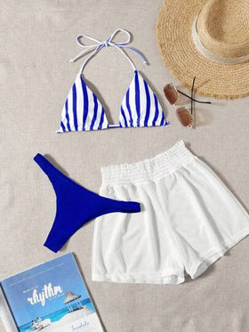 Swim Mod مجموعة مكونة من 3 قطع، ملابس علوية مخطط بأزرق وأبيض ، أسفل أزرق وقصيرة أبيض للتغطية، ملابس شاطئية كاجوال لفصل الربيع/الصيف ، للحفلات والشاطئ