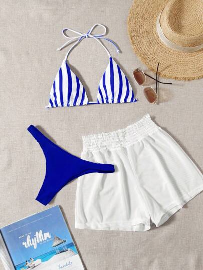 Swim Mod مجموعة مكونة من 3 قطع، ملابس علوية مخطط بأزرق وأبيض ، أسفل أزرق وقصيرة أبيض للتغطية، ملابس شاطئية كاجوال لفصل الربيع/الصيف ، للحفلات والشاطئ