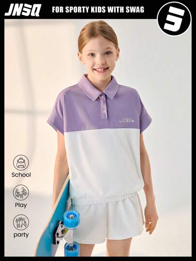 girls-sets JNSQ طقم شورت وتيشيرت كاجوال رياضي أكمام قصيرة للبنات، طقم أكمام قصيرة رياضي كاجوال مجزأ باللون المتباين للأطفال، تصميم جديد للصيف