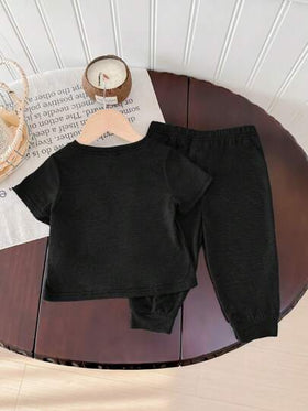 SHEIN طقم قطني ناعم للأطفال الرضع بنطال خصر مطاطي وبلوزة كم قصير قطعتان، ملابس كاجوال مناسبة للخروج في الربيع والصيف، للمدرسة والمنزل