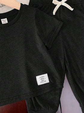 SHEIN طقم قطني ناعم للأطفال الرضع بنطال خصر مطاطي وبلوزة كم قصير قطعتان، ملابس كاجوال مناسبة للخروج في الربيع والصيف، للمدرسة والمنزل