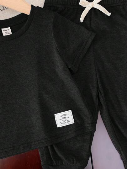 SHEIN طقم قطني ناعم للأطفال الرضع بنطال خصر مطاطي وبلوزة كم قصير قطعتان، ملابس كاجوال مناسبة للخروج في الربيع والصيف، للمدرسة والمنزل