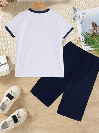 girls-sets طقم تي شيرت وشورت كاجوال طباعة شعار قلب لفتيات مراهقات، مناسب للصيف