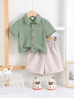 SHEIN 2 قطعة/مجموعة قميص بأكمام قصيرة لون أساسي وشورت بخصر مطاطي للأطفال الذكور والإناث، مناسب للارتداء في الصيف للبقاء في المنزل أو الخروج أو السفر والعطلات