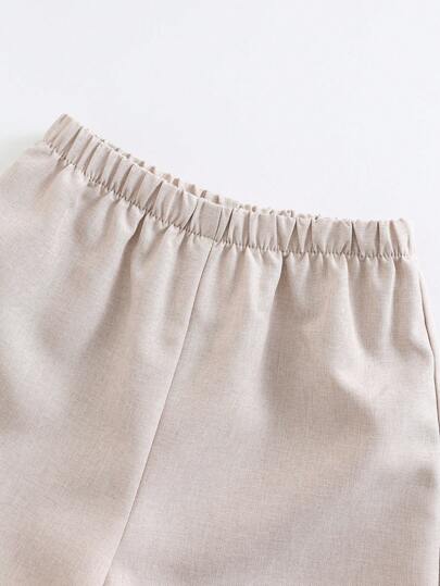 SHEIN 2 قطعة/مجموعة قميص بأكمام قصيرة لون أساسي وشورت بخصر مطاطي للأطفال الذكور والإناث، مناسب للارتداء في الصيف للبقاء في المنزل أو الخروج أو السفر والعطلات