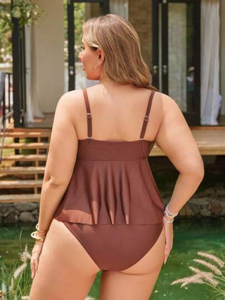 SHEIN Swim Curve بدلة سباحة من قطعتين من نوع تانكيني بلون سادة، مناسبة لرحلات الشاطئ والمنتجعات، مقاسات كبيرة للسيدات