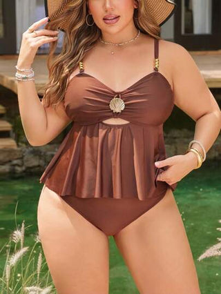 SHEIN Swim Curve بدلة سباحة من قطعتين من نوع تانكيني بلون سادة، مناسبة لرحلات الشاطئ والمنتجعات، مقاسات كبيرة للسيدات