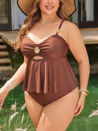 SHEIN Swim Curve بدلة سباحة من قطعتين من نوع تانكيني بلون سادة، مناسبة لرحلات الشاطئ والمنتجعات، مقاسات كبيرة للسيدات