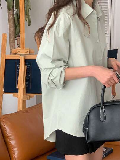 DAZY قميص نسائي بأكمام طويلة وياقة منحرفة وشق خلفي فضفاض، لون أخضر نعناعي، ملابس ربيعية/صيفية وخريفية، ملابس علوية بطراز راقي