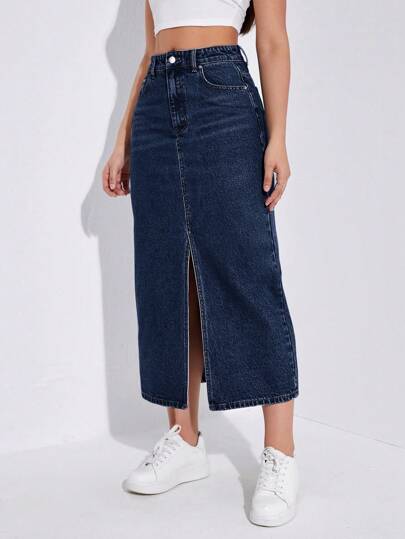 EZwear تنورة جينز قصيرة مصممة بأذيال مشطور بطريقة مغسولة