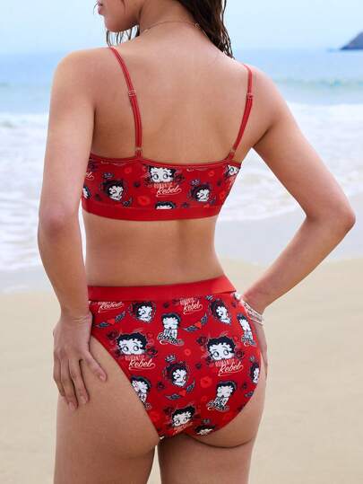 Betty Boop x  مجموعة بكيني بحزام كرتون رسومي شبه مشقوق