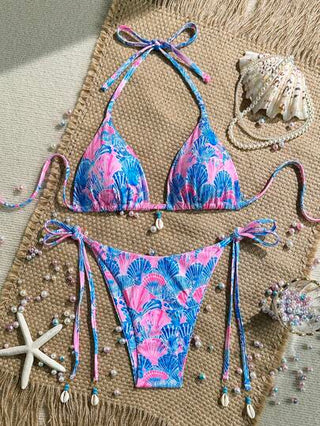 طقم تانكيني حريمي Swim Mod مجموعتان لملابس نسائية صيفية، توب ميداليّ متقلّد مطبوع بنموذج عشوائي لقواقع البحر وقصير سباحة ربطة جانبية، مجموعة بيكيني بوهيمي