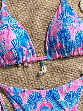 طقم تانكيني حريمي Swim Mod مجموعتان لملابس نسائية صيفية، توب ميداليّ متقلّد مطبوع بنموذج عشوائي لقواقع البحر وقصير سباحة ربطة جانبية، مجموعة بيكيني بوهيمي