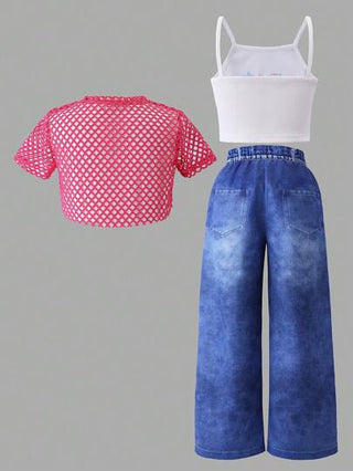 girls-sets 3 قطع/ مجموعة للفتيات بمراهقة مبكرة، ملابس علوية تيشيرت شبكية للصيف، توب طباعة ثلاثية الأبعاد وبنطلون له تأثير الجينز