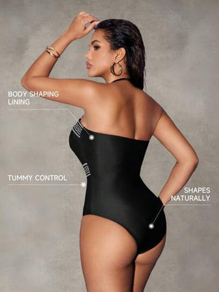 مايوه حريمي قطعة واحدة Shapewave بدلة سباحة قطعة واحدة للنساء لفصل الصيف، ملابس علوية أنبوبي بلون أحادي مع ديكور الحزام، مشدود ولائق للجسم، مايوه واحد قطعة مثير مع تحكم في البطن مصنوع من الأقمشة المحبوكة