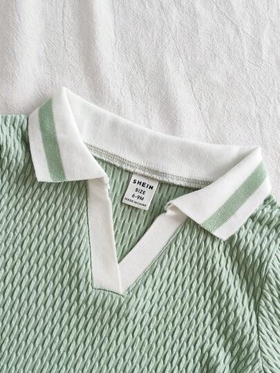 SHEIN Vintaside Kids طقم اطفال صيفي أخضر سادة - ملابس علوية قصيرة الأكمام مع ياقة مطابقة لها وشورت، تصميم بسيط بدون نقوش، فضفاض، مناسب للخروجات والاستخدام المنزلي اليومي والأنشطة الرياضية المريحة